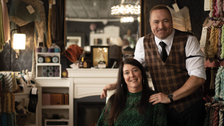 Skein & Tipple owners Matt Owen, standing with Marsha Owen sitting below