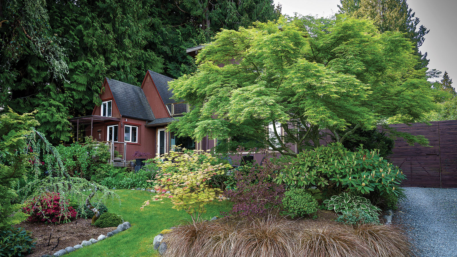 House in the woods framed by beautiful lawn, trees and shrubs