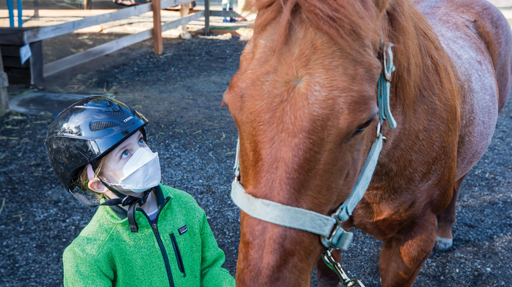 Girl in green jacket and wearing a mask looks up to brown horse