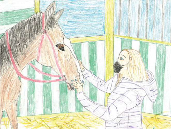 Child's drawing of horse and girl wearing a black mask